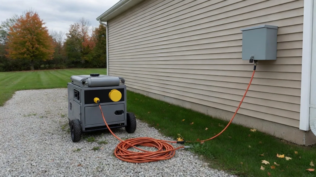 Portable generator connected by an outdoor cord to an inlet on a house