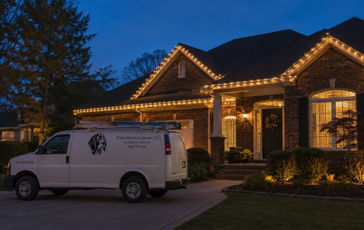 Christmas lights hung along the roofline of a home