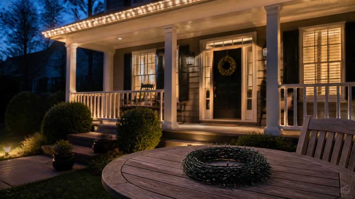 Christmas lights on a North Carolina porch at dusk