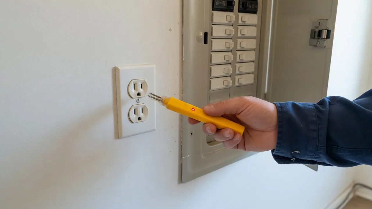 Voltage tester at a wall outlet beside an open breaker panel