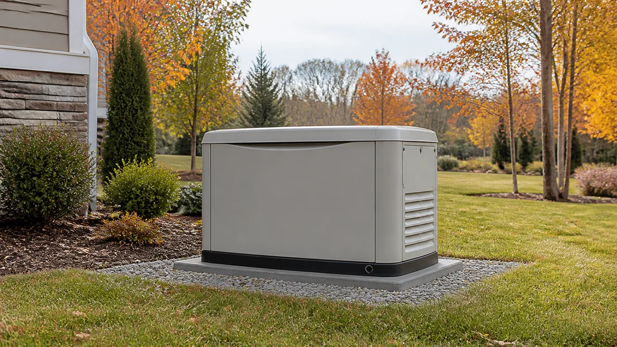 Standby generator in a landscaped residential side yard