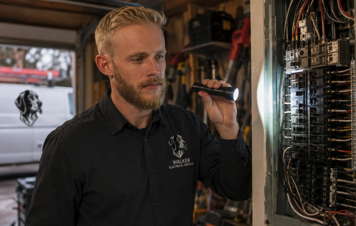 Electrician inspecting a home electrical panel