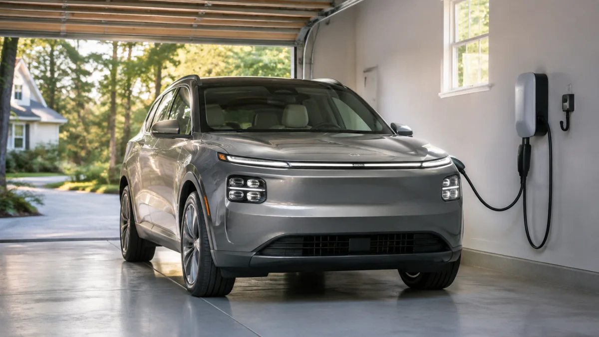 Electric car connected to a wall charger in a residential garage