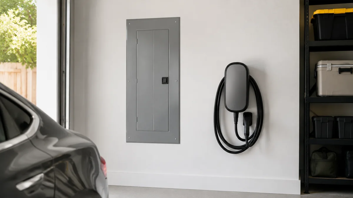 Closed electrical panel beside a wall-mounted home EV charger