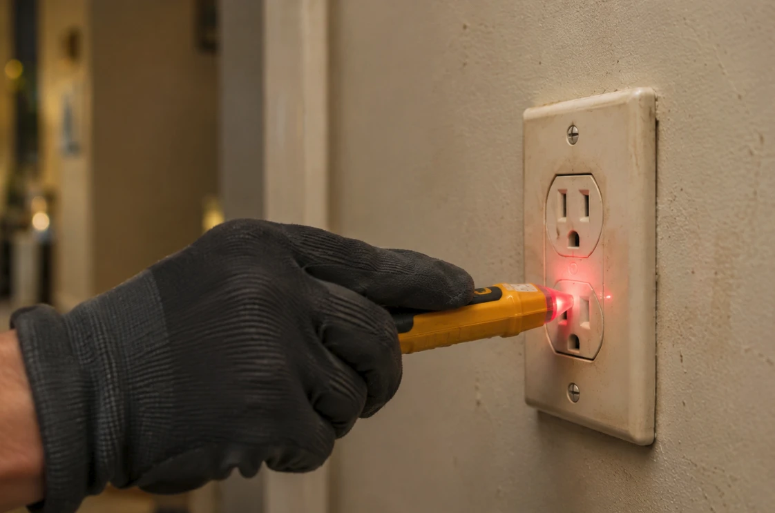 Electrician testing a wall outlet with a voltage tester