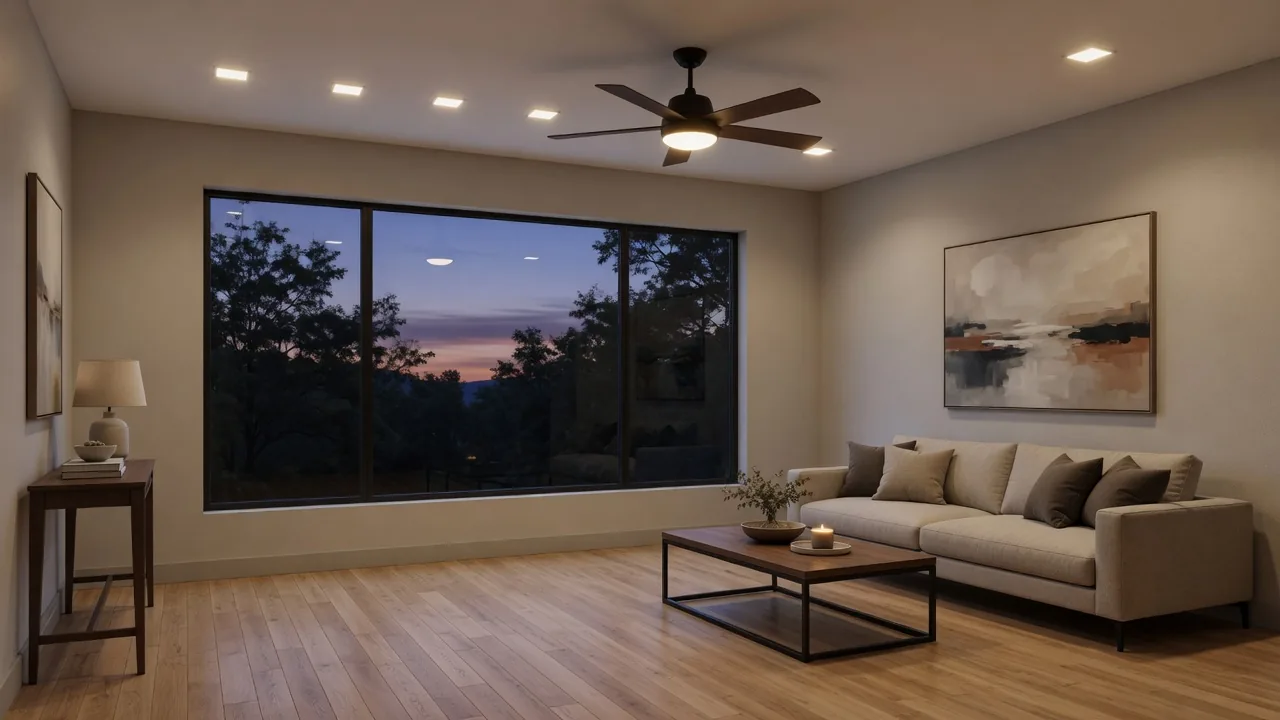 Living room with recessed ceiling lights and a ceiling fan