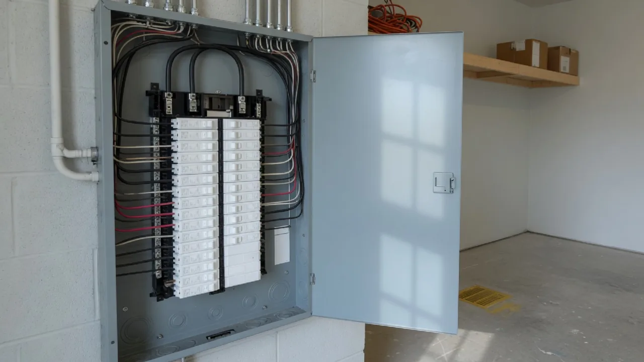 Open residential electrical panel with rows of breakers