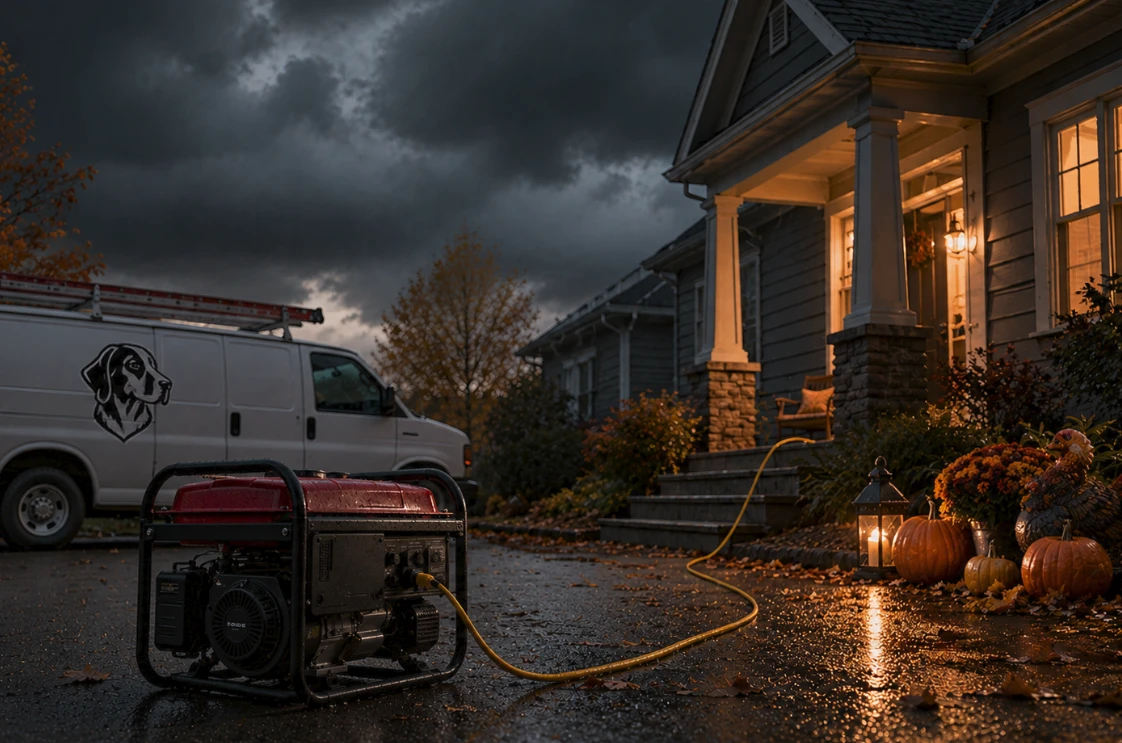 Portable generator set up outside a home before a storm